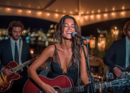 Female singer playing a red guitar and singing into a microphone at a dimly lit venue, with two bandmates in suits in the background.