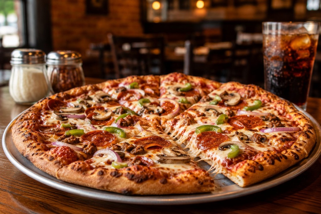 Athens House of Pizza - VLB Properties LLC - VLB Properties LLC Large pepperoni pizza with green peppers, onions, and mushrooms on a metal tray in a restaurant setting.