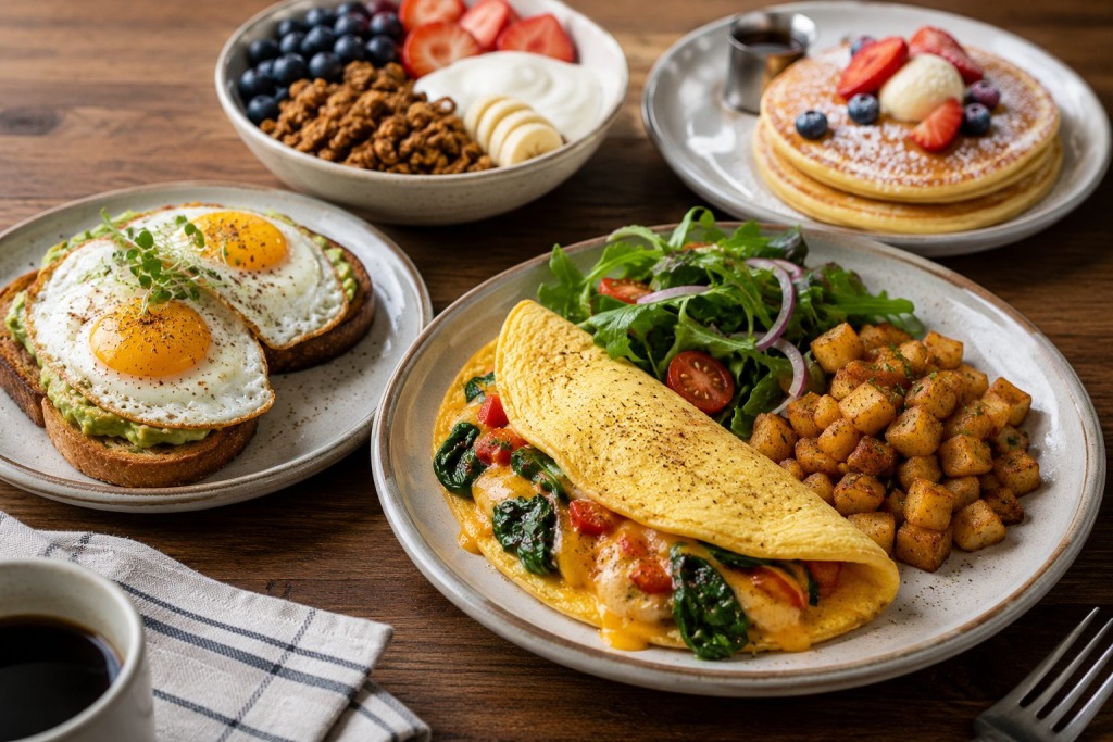 Big Bad Breakfast - VLB Properties LLC - VLB Properties LLC Brunch spread on a wooden table: omelette with greens and potatoes, avocado toast with fried eggs, crispy hash browns, pancakes with berries, and a fruit‑yogurt/granola bowl in the background.