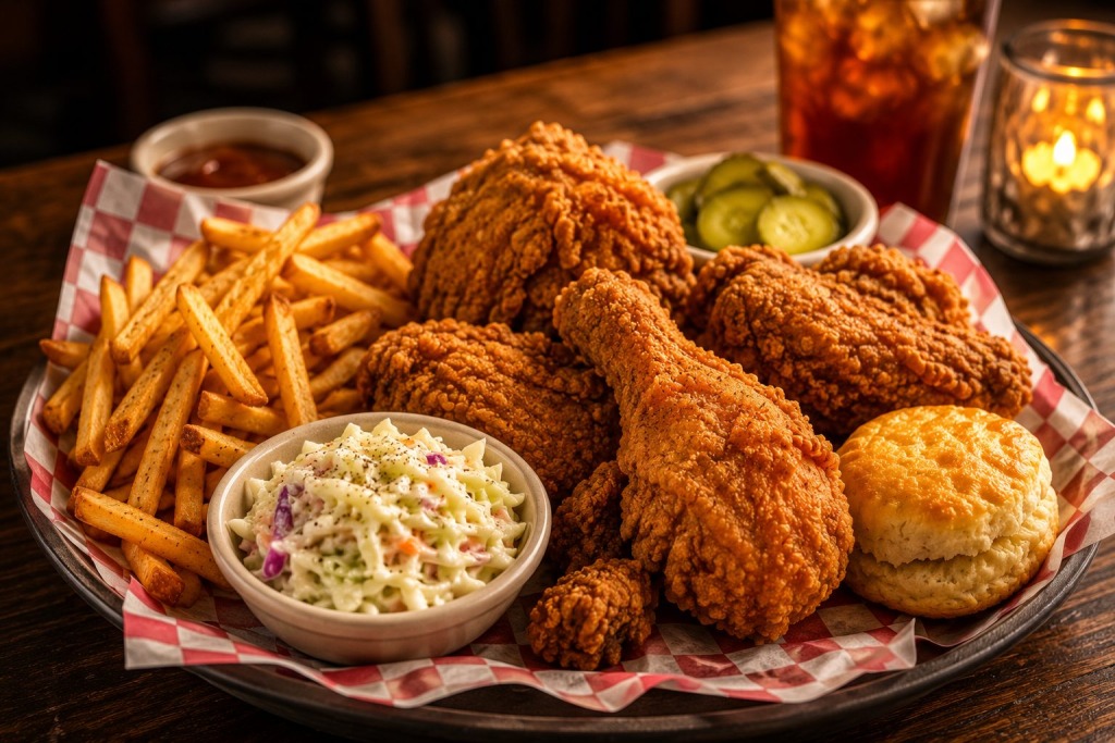 Champys Famous Fried Chicken - VLB Properties LLC - VLB Properties LLC Crispy fried chicken pieces with French fries, coleslaw, pickles, and a biscuit on a metal tray lined with red‑and‑white check paper.