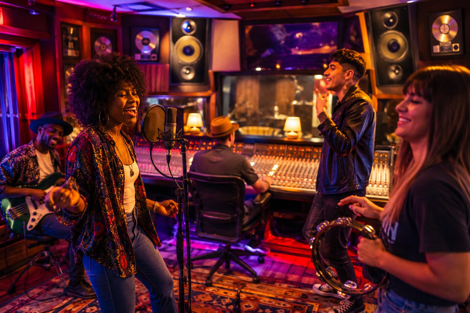 FAME Studios Tour - VLB Properties LLC - VLB Properties LLC Singer at a microphone leads a live studio jam with a guitarist and tambourine player nearby, colorful lighting overhead.