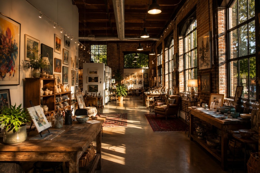 High Cotton Arts - VLB Properties LLC - VLB Properties LLC Sunlit art gallery with brick walls, large windows, and wooden tables displaying paintings and pottery