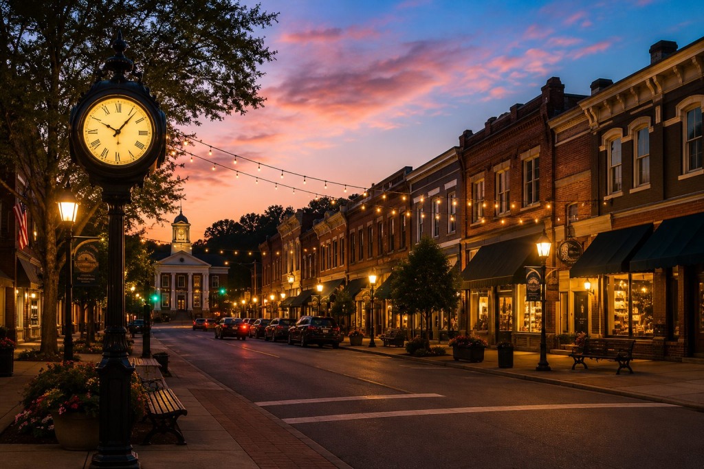 Historic Downtown Athens - VLB Properties LLC - VLB Properties LLC Evening view of a quaint downtown: brick storefronts, string lights, and a large ornate clock on a lamppost with a courthouse in the background