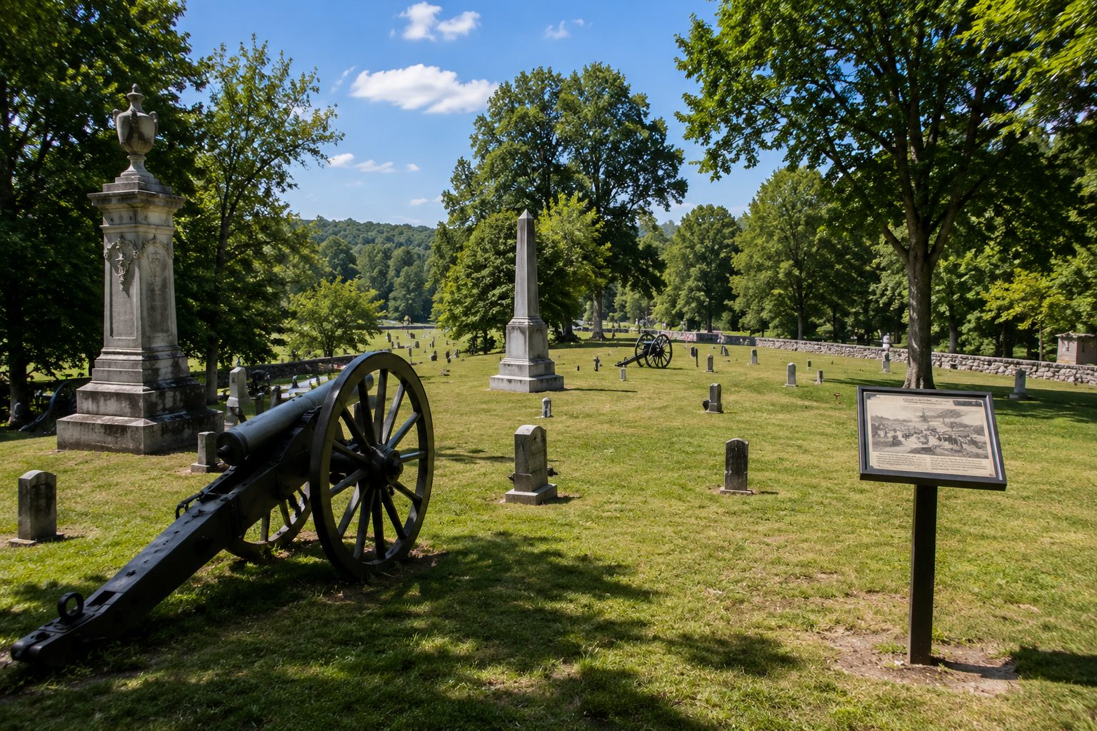 Lincoln Cemetery - Civil War - VLB Properties LLC - VLB Properties LLC Sunlit Civil War-era cemetery with cannon artillery and tall obelisks among green grass and mature trees; a framed information board stands at right.