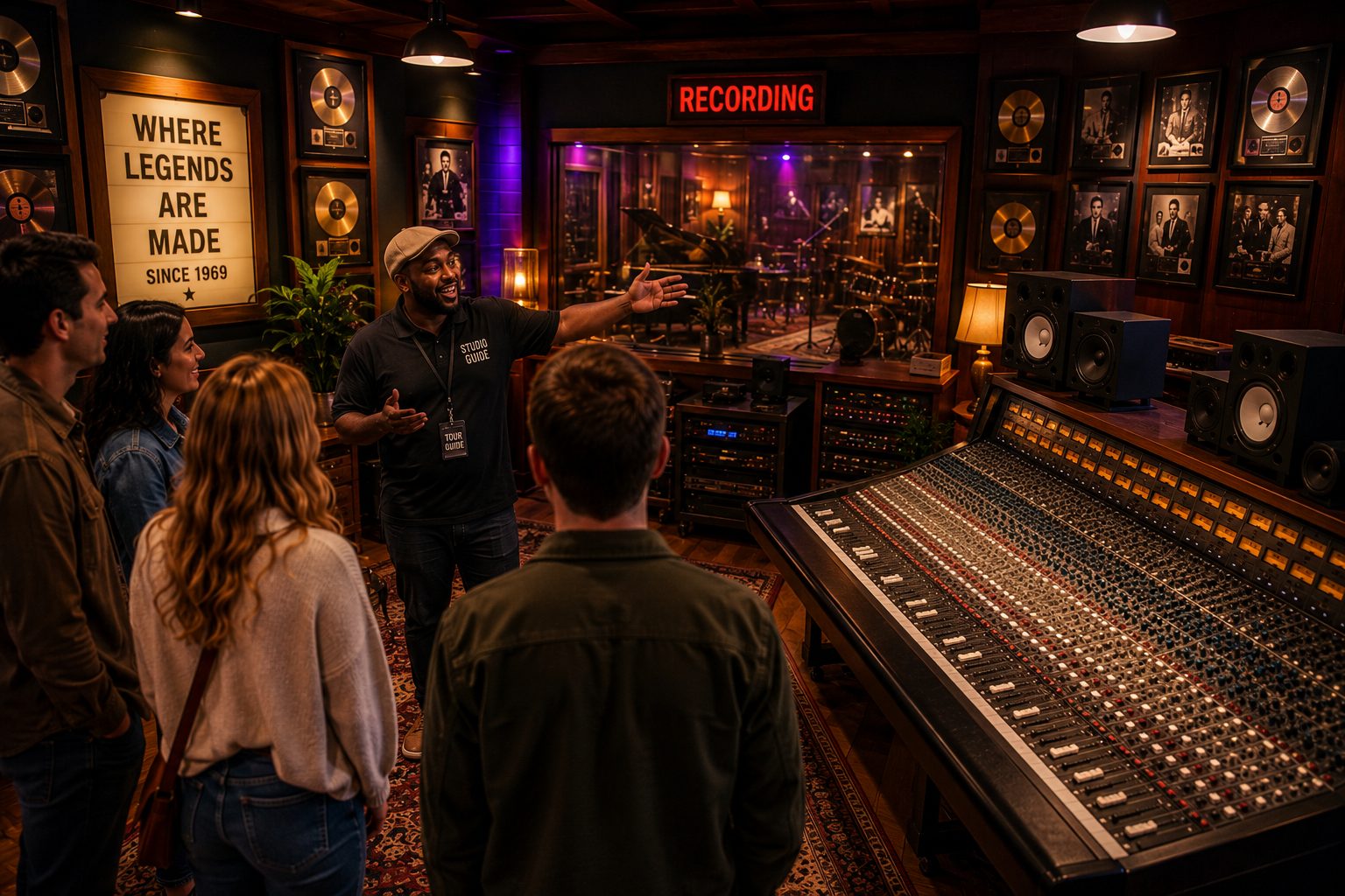 Muscle Shoals Sound Studio Tour - VLB Properties LLC - VLB Properties LLC Tour guide explaining a recording studio to a small group near a large mixing console and a neon 'RECORDING' sign in a room lined with gold records.