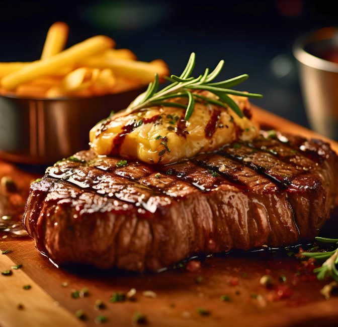 Juicy grilled steak topped with herb butter and rosemary, with crispy fries in the background on a wooden board