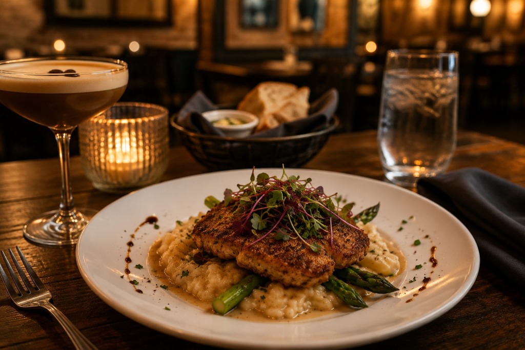 Odette - VLB Properties LLC - VLB Properties LLC Plated gourmet dish: two seared chicken cutlets on creamy risotto with asparagus and microgreens, in a cozy restaurant setting.