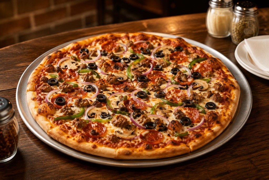 Pie Factory Pizza - VLB Properties LLC - VLB Properties LLC Pizza on a metal tray topped with pepperoni, sausage, green peppers, onions, mushrooms, and black olives on a wooden table.