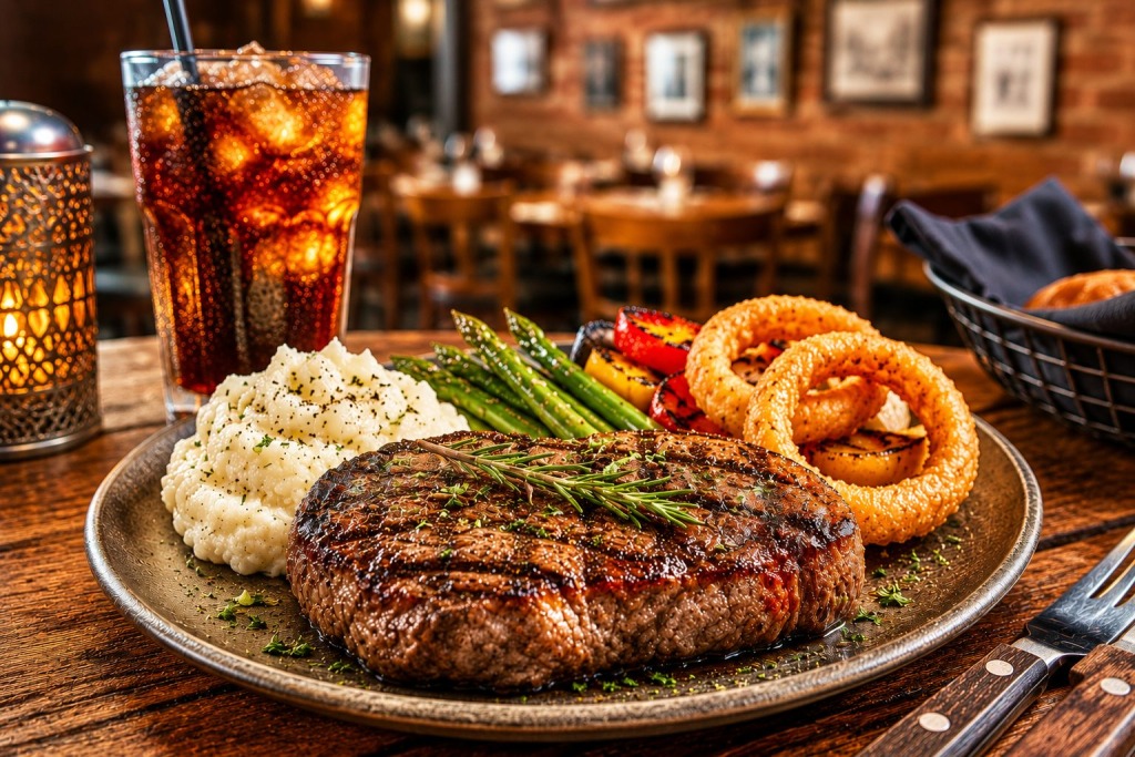 Roberts Western World Steakhouse - VLB Properties LLC - VLB Properties LLC Plate with grilled steak garnished with rosemary, served with mashed potatoes, asparagus, peppers, and onion rings in a restaurant setting with a cola drink nearby