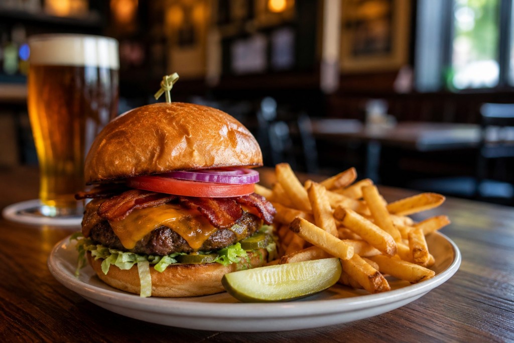 Sloss Pub Grill - VLB Properties LLC - VLB Properties LLC Bacon cheeseburger with lettuce, tomato, red onion and cheese on a brioche bun, served with fries and a pickle; beer in the background.