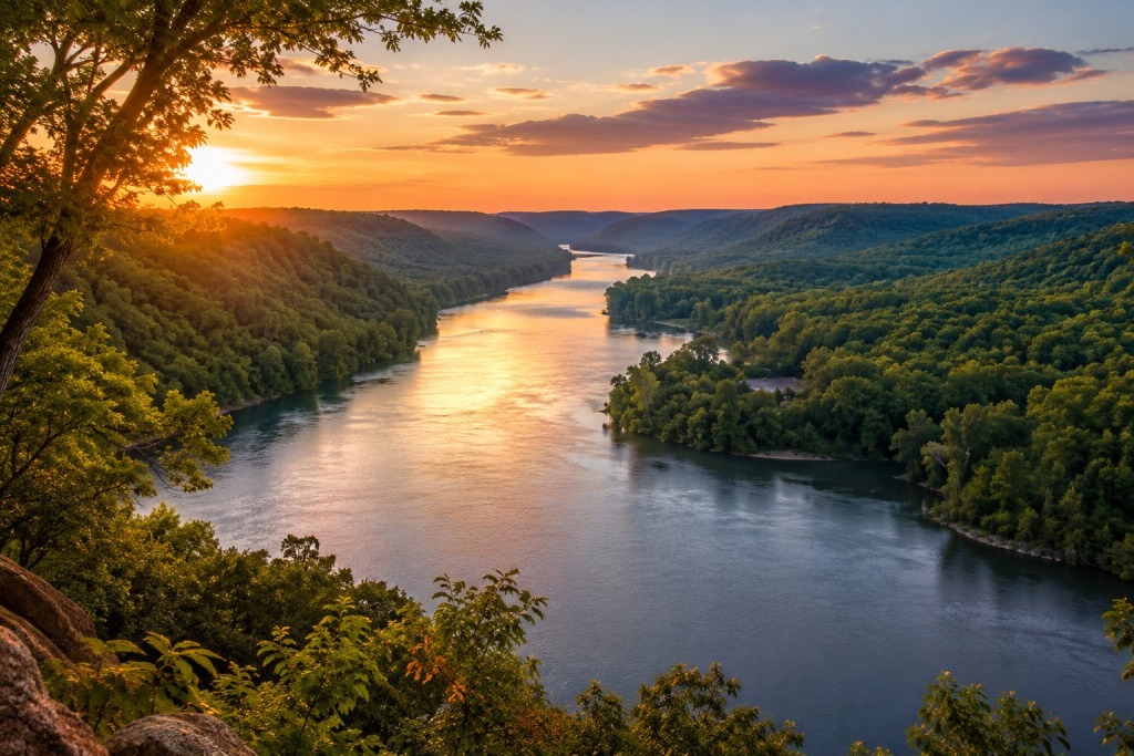 Tennessee River Valley - VLB Properties LLC - VLB Properties LLC Sunset over a winding river flanked by forested hills, viewed from a cliff edge on a warm evening.