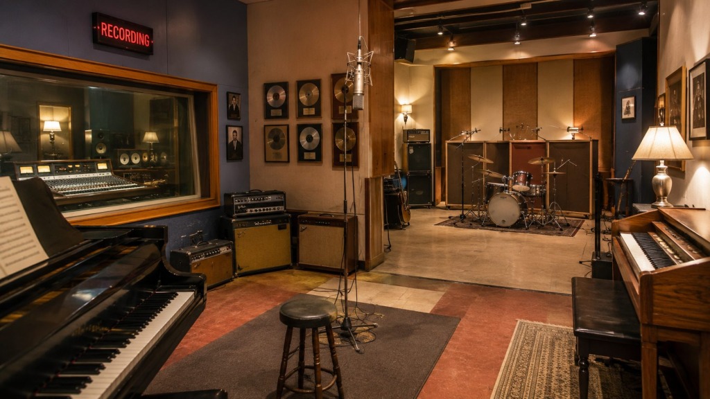 The Shoals Music Heritage - VLB Properties LLC - VLB Properties LLC Recording studio interior with a grand piano on the left, a mic on a stand center, and a drum kit at the back among guitar amps and gold records on the wall. Warm, dim lighting.