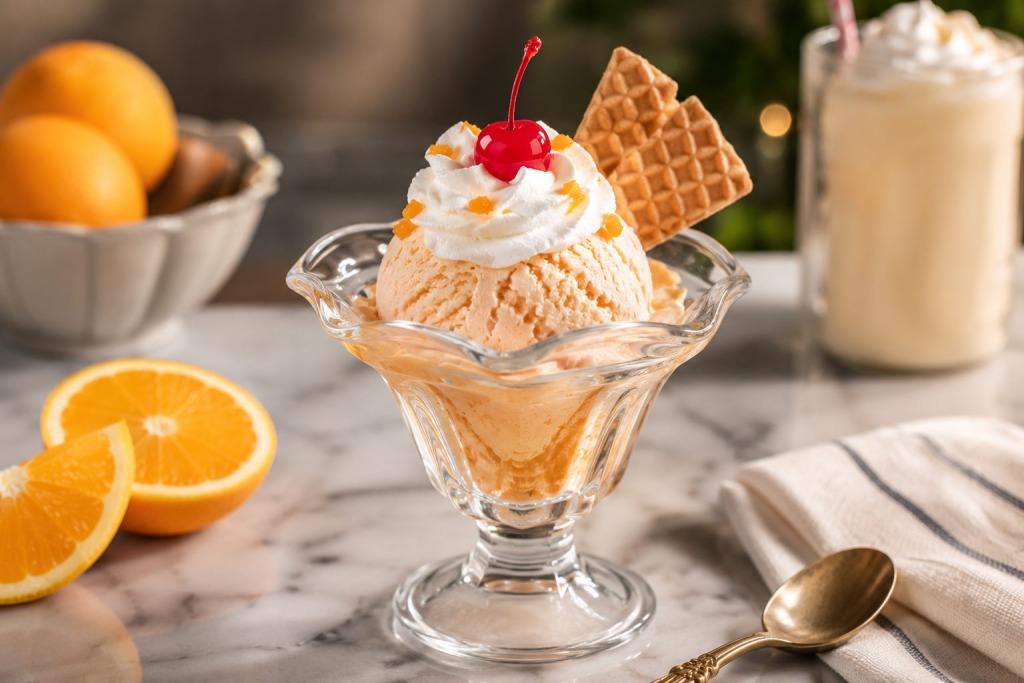 Trowbridges Ice Cream and Sandwich Shop - VLB Properties LLC - VLB Properties LLC Orange sherbet sundae topped with whipped cream, a maraschino cherry, orange zest, and a waffle cone piece in a clear dessert dish on marble.