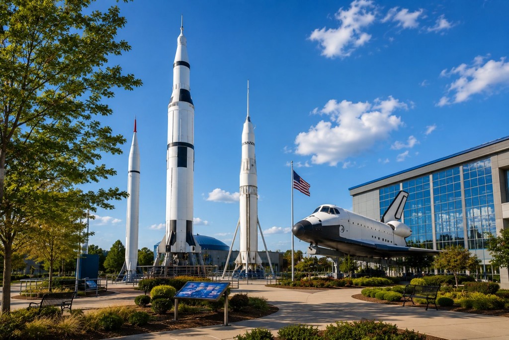 US Space Rocket Center Huntsville - VLB Properties LLC - VLB Properties LLC Rocket display with a space shuttle replica beside a glass-front museum on a sunny day, American flag in the foreground.
