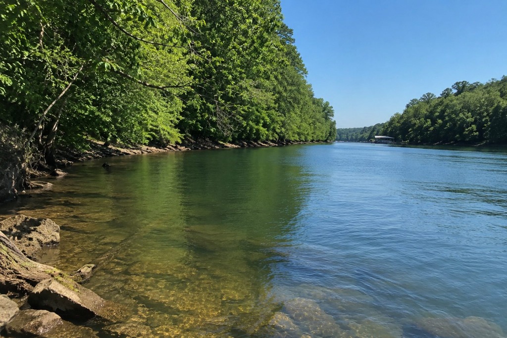 Elk River Waterfront Near Wheeler Lake, Alabama - VLB Properties LLC - VLB Properties LLC Peaceful Elk River waterfront near Wheeler Lake in North Alabama with calm water and wooded shoreline