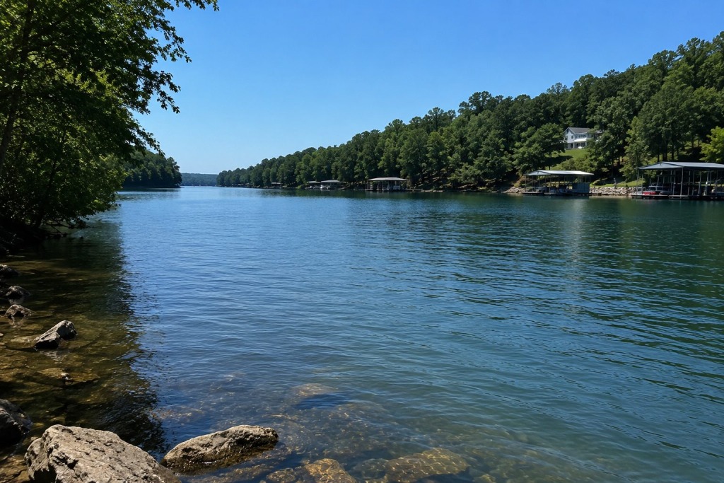 Wilson Lake Waterfront in Muscle Shoals, Alabama - VLB Properties LLC - VLB Properties LLC Wilson Lake waterfront in Muscle Shoals Alabama with clear blue water and scenic shoreline
