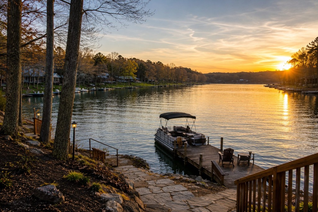 Best Time to Visit Athens, Alabama for a Waterfront Vacation - VLB Properties LLC - VLB Properties LLC Scenic waterfront vacation rental in Athens, Alabama overlooking the Elk River during golden hour with a private dock and pontoon boat