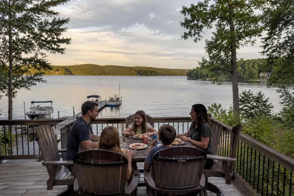 Family enjoying dinner on the deck of a North Alabama waterfront lake house overlooking the lake at sunset