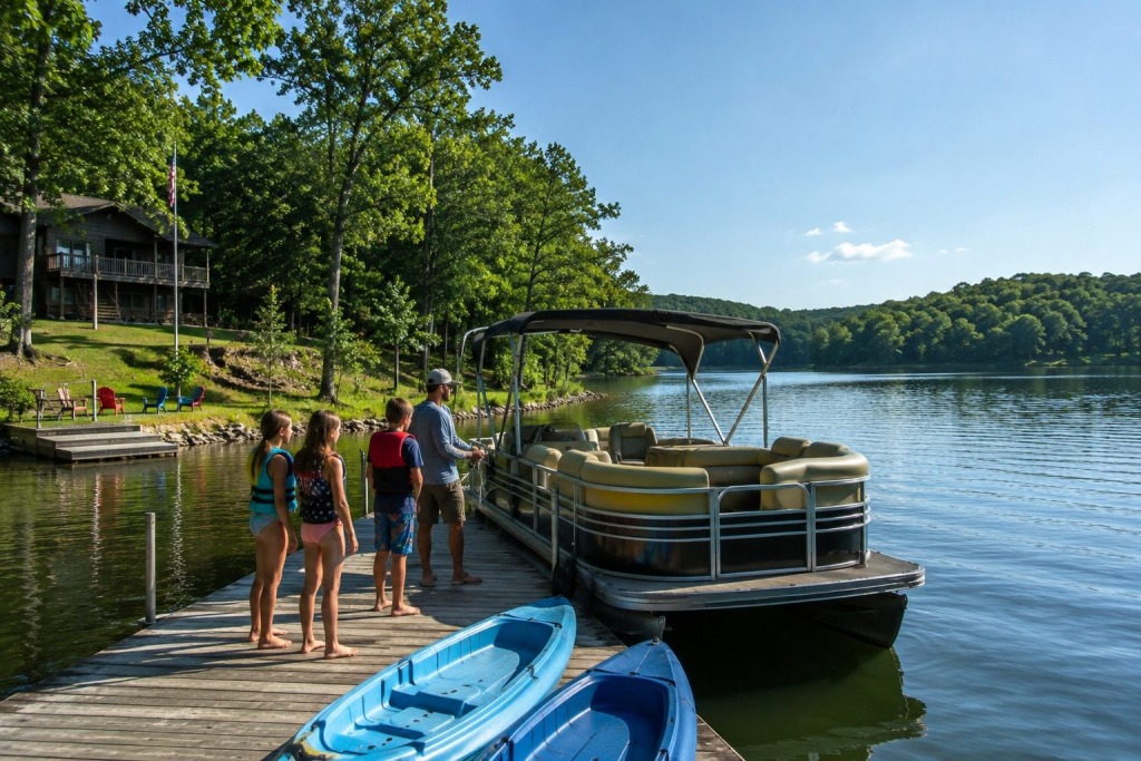 Family Enjoying Lake Activities at a North Alabama Waterfront Rental - VLB Properties LLC - VLB Properties LLC Family boarding a pontoon boat from a private dock with kayaks at a North Alabama waterfront vacation rental