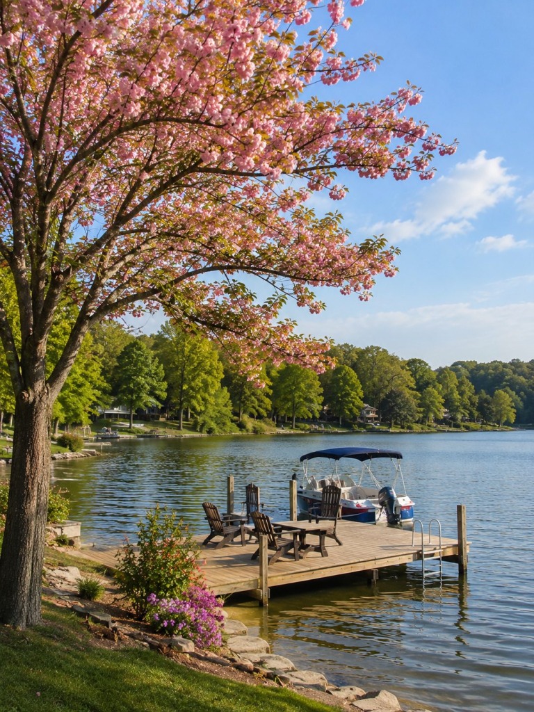 Spring at an Athens, Alabama Waterfront Vacation Rental - VLB Properties LLC - VLB Properties LLC Spring scenery at a waterfront vacation rental in Athens, Alabama with blooming trees, a private dock, and calm lake views