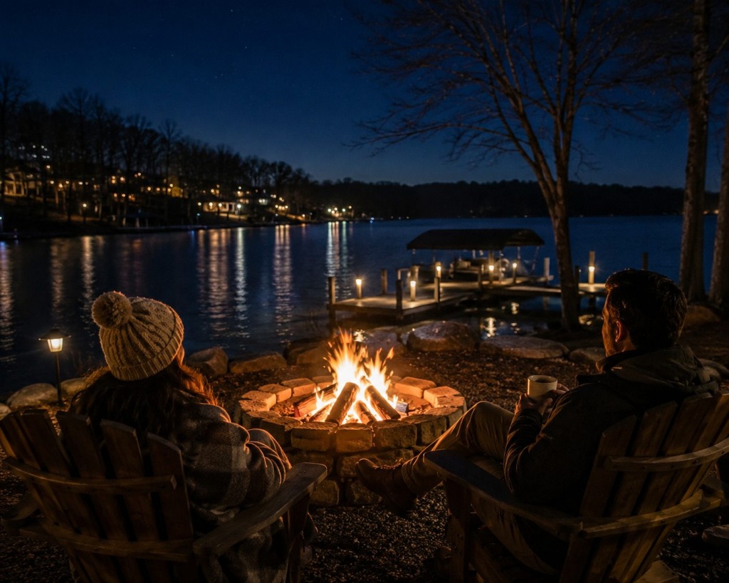 Winter Waterfront Retreat in Athens, Alabama - VLB Properties LLC - VLB Properties LLC Peaceful winter view of a waterfront vacation rental in Athens, Alabama with a snow-dusted dock and calm lake