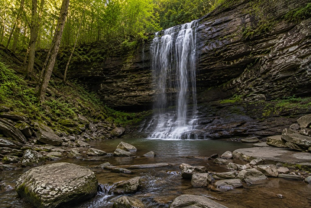 Hidden Waterfall Near Muscle Shoals, Alabama - VLB Properties LLC - VLB Properties LLC Hidden waterfall surrounded by forest and natural rock formations near Muscle Shoals, Alabama, one of North Alabama's lesser-known outdoor attractions.