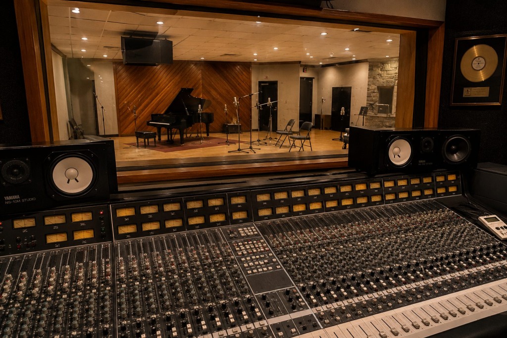 Inside a Historic Recording Studio in Muscle Shoals, Alabama - VLB Properties LLC - VLB Properties LLC Interior of a historic recording studio in Muscle Shoals, Alabama featuring a vintage mixing console, recording room, and classic music production equipment.
